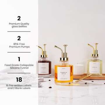 Molimoli Coffee Syrup Dispenser for Coffee Bar, Coffee Pump Dispenser, Glass Syrup Bottle w. Pump, 11.8 oz 350 ml, Set of 2, Gold Upgraded Pump