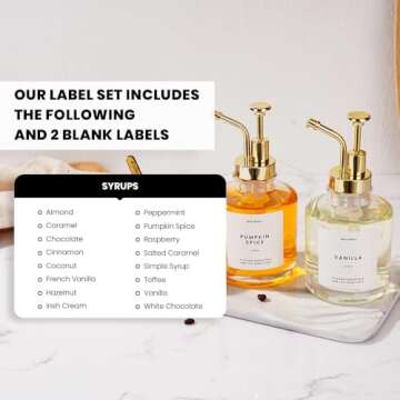 Molimoli Coffee Syrup Dispenser for Coffee Bar, Coffee Pump Dispenser, Glass Syrup Bottle w. Pump, 11.8 oz 350 ml, Set of 2, Gold Upgraded Pump