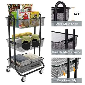 DESIGNA 3-Tier Rolling Utility Cart with Lockable Wheels