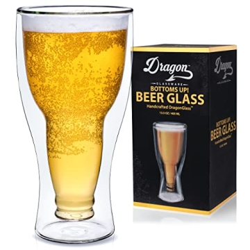 Dragon Glassware Beer Glass - 13.5 oz Clear Double Wall Insulated Beer Glass - Upside Down Design - ...