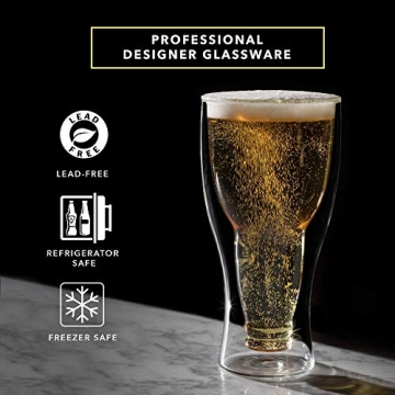Dragon Glassware Beer Glass - 13.5 oz Clear Double Wall Insulated Beer Glass - Upside Down Design - Holds One Full Bottle - Freezer Safe
