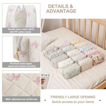 Gleyemor Small Quilted Makeup Bag for Women, Cute Floral Cotton Cosmetic Bag, Travel Toiletry Bag Period Bag Essentials Bag Gifts for Her Mom Friend Sister Bridesmaid (Small Pink Bowknot)