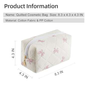 Gleyemor Small Quilted Makeup Bag for Women, Cute Floral Cotton Cosmetic Bag, Travel Toiletry Bag Period Bag Essentials Bag Gifts for Her Mom Friend Sister Bridesmaid (Small Pink Bowknot)
