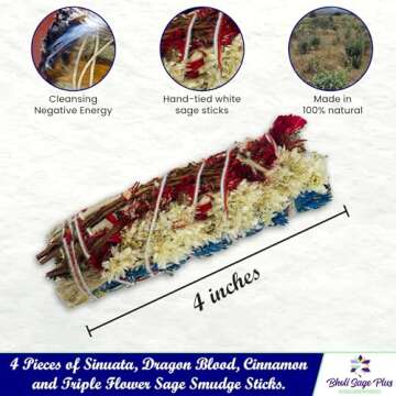 Bholi Sage Plus Sage Smudge Kit for Cleansing Negative Energy and Cleansing Home Sinuata, Dragon Blood, Cinnamon and Triple Flower Dried - 4'' Long Pack of 4 White California Sage Sticks