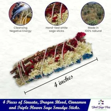 Bholi Sage Plus Sage Smudge Kit for Cleansing Negative Energy and Cleansing Home Sinuata, Dragon Blood, Cinnamon and Triple Flower Dried - 4'' Long Pack of 4 White California Sage Sticks