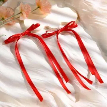 VOBOBE 4PCS Hair Bows for Women Girls, Red Tassel Ribbon Bowknot Hair Clips Barrettes for Girl with Long Tail, Solid Satin Hair Accessories (Red)