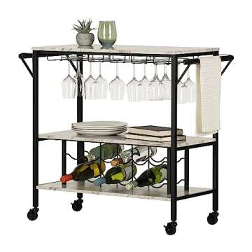 South Shore Maliza Bar Cart Bottle Storage and Wine Glass Rack-Faux Marble and Black