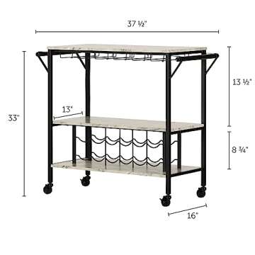 South Shore Maliza Bar Cart Bottle Storage and Wine Glass Rack-Faux Marble and Black