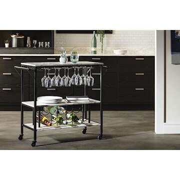 South Shore Maliza Bar Cart Bottle Storage and Wine Glass Rack-Faux Marble and Black