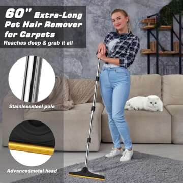 B-Land Carpet Rake for Efficient Pet Hair Removal with Adjustable 60” Handle