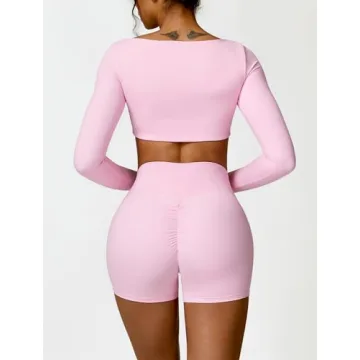 ABOCIW Women's Pink Gym Set Long Sleeve Crop Top High Waist Shorts