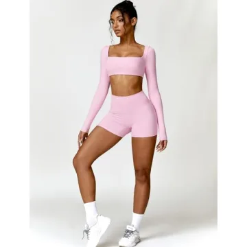 ABOCIW Women's Pink Gym Set Long Sleeve Crop Top High Waist Shorts