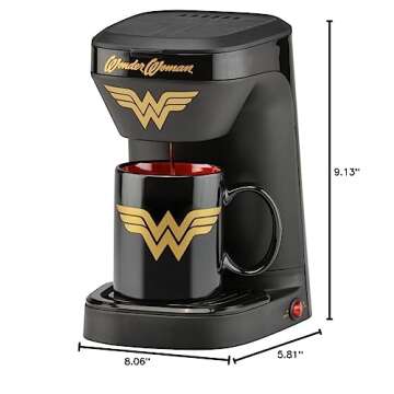 DC Wonder Woman 1-Cup Coffee Maker with Mug by Warner Bros - Single Serve Drip Coffee Machine - Features Removable Filter Basket & Drip Tray - Includes Wonder Woman Mug - 12 Oz