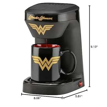 DC Wonder Woman 1-Cup Coffee Maker with Mug by Warner Bros - Single Serve Drip Coffee Machine - Features Removable Filter Basket & Drip Tray - Includes Wonder Woman Mug - 12 Oz