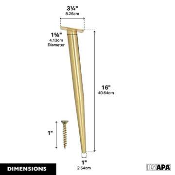 Ilyapa Tapered Oblique Metal Furniture Leg - Set of 4 Gold Mid Century Modern 16 Inch Tapered Replacement Furniture Feet for Chairs, Coffee Tables, Cabinets