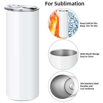 SUB-R 5 Pack Sublimation Tumblers 20 oz Skinny Straight Bulk Stainless Steel Double Wall Insulated Sublimation Tumbler Cups Blank Polymer Coating for Heat Transfer