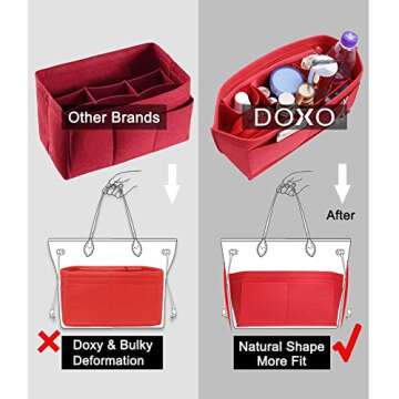 Doxo Purse Organizer Insert Handbag & Tote Felt Bag Fits L Neverfull GM & Base Shaper 2pc Set (X-Large, Red-Combination)