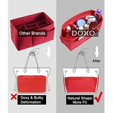 Doxo Purse Organizer Insert Handbag & Tote Felt Bag Fits L Neverfull GM & Base Shaper 2pc Set (X-Large, Red-Combination)