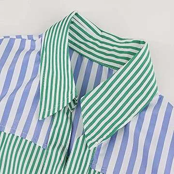 QTEEY Women’s Casual 2 Piece Outfits Set Loose Fit Tracksuit Oversized Striped Tops Long Sleeve Collar Button Shirt Y2K Streetwear Loose High Waisted Mini Shorts Set Green/Blue XL