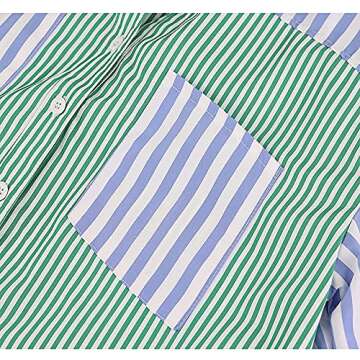 QTEEY Women’s Casual 2 Piece Outfits Set Loose Fit Tracksuit Oversized Striped Tops Long Sleeve Collar Button Shirt Y2K Streetwear Loose High Waisted Mini Shorts Set Green/Blue XL