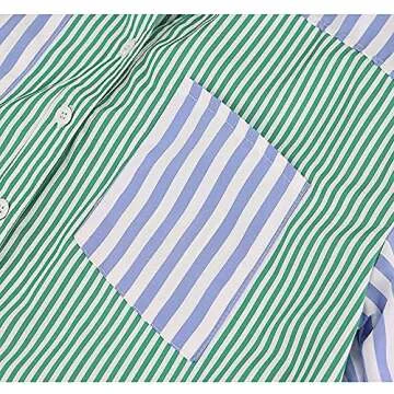 QTEEY Women’s Casual 2 Piece Outfits Set Loose Fit Tracksuit Oversized Striped Tops Long Sleeve Collar Button Shirt Y2K Streetwear Loose High Waisted Mini Shorts Set Green/Blue XL