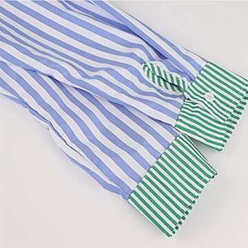 QTEEY Women’s Casual 2 Piece Outfits Set Loose Fit Tracksuit Oversized Striped Tops Long Sleeve Collar Button Shirt Y2K Streetwear Loose High Waisted Mini Shorts Set Green/Blue XL