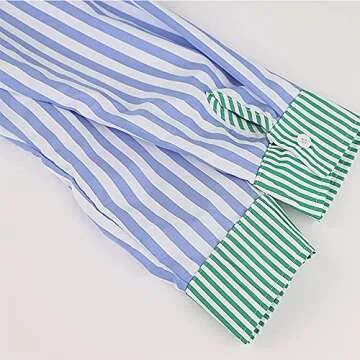 QTEEY Women’s Casual 2 Piece Outfits Set Loose Fit Tracksuit Oversized Striped Tops Long Sleeve Collar Button Shirt Y2K Streetwear Loose High Waisted Mini Shorts Set Green/Blue XL