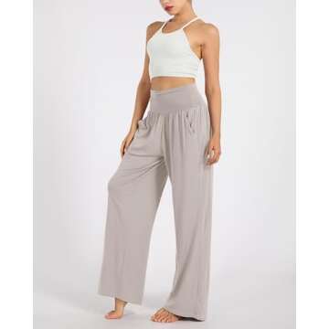 ODODOS Women's Wide Leg Palazzo Lounge Pants with Pockets Light Weight Loose Comfy Casual Pajama Pants-28 inseam, Light Beige, Large