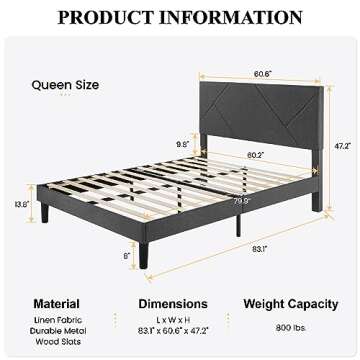 SHA CERLIN Queen Size Upholstered Bed Frame with Geometric Headboard, Heavy-Duty Platform Bed Frame ...