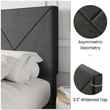 SHA CERLIN Queen Size Upholstered Bed Frame with Geometric Headboard, Heavy-Duty Platform Bed Frame with Wood Slats Support, Mattress Foundation, No Box Spring Needed, Easy Assembly, Dark Grey