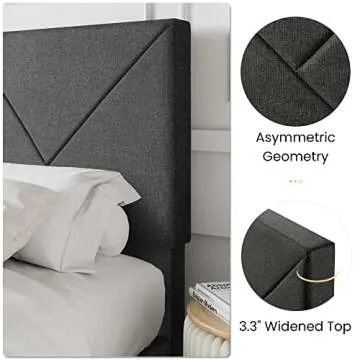 SHA CERLIN Queen Size Upholstered Bed Frame with Geometric Headboard, Heavy-Duty Platform Bed Frame with Wood Slats Support, Mattress Foundation, No Box Spring Needed, Easy Assembly, Dark Grey