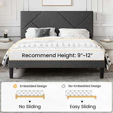 SHA CERLIN Queen Size Upholstered Bed Frame with Geometric Headboard, Heavy-Duty Platform Bed Frame with Wood Slats Support, Mattress Foundation, No Box Spring Needed, Easy Assembly, Dark Grey