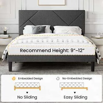 SHA CERLIN Queen Size Upholstered Bed Frame with Geometric Headboard, Heavy-Duty Platform Bed Frame with Wood Slats Support, Mattress Foundation, No Box Spring Needed, Easy Assembly, Dark Grey