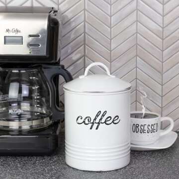 AuldHome Design Enamelware White Coffee Canister - Rustic Tea Storage for Kitchen