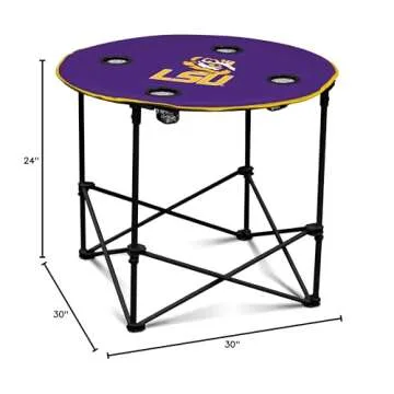 Logo Brands NCAA LSU Tigers Round Tailgating Table – Portable with Foldable Legs, 4 Cup Holders, Powder-Coated Steel, and 27.6" Surface Diameter, Team Color