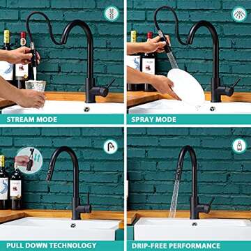 KINFAUCETS Black Kitchen Faucet with Pull Down Sprayer,Single Handle Pull Out Kitchen Sink Faucet,Commercial Farmhouse RV Bar Utility Kitchen Faucets