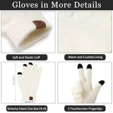 Womens Winter Warm Knit Beanie Hat Touchscreen Gloves Long Neck Scarf Set with Fleece Lined Skull Caps Gifts for Women White