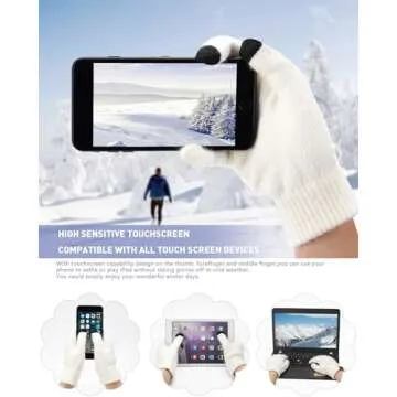 Womens Winter Warm Knit Beanie Hat Touchscreen Gloves Long Neck Scarf Set with Fleece Lined Skull Caps Gifts for Women White