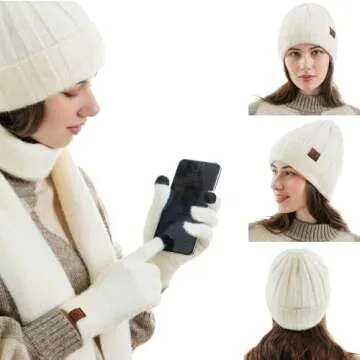 Womens Winter Warm Knit Beanie Hat Touchscreen Gloves Long Neck Scarf Set with Fleece Lined Skull Caps Gifts for Women White