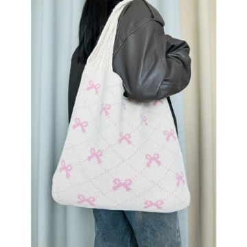 Ovida Bow Tie Crochet Bags for Women Summer Travel Beach Tote Bag Y2k Aesthetic Knit Bag Fairy Grunge Accessories