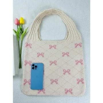 Ovida Bow Tie Crochet Bags for Women Summer Travel Beach Tote Bag Y2k Aesthetic Knit Bag Fairy Grunge Accessories