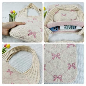 Ovida Bow Tie Crochet Bags for Women Summer Travel Beach Tote Bag Y2k Aesthetic Knit Bag Fairy Grunge Accessories