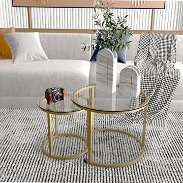 aboxoo Gold Nesting Coffee Table Set of 2, Small Glass Round Nesting Tables for Living Room Bedroom,...