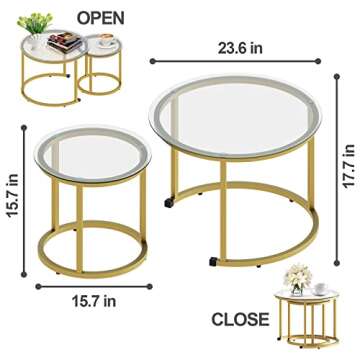 aboxoo Gold Nesting Coffee Table Set of 2, Small Glass Round Nesting Tables for Living Room Bedroom, Accent Tea Table with Metal Frame Modern Industrial Simple