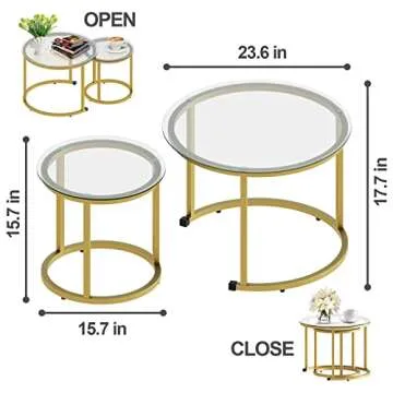 aboxoo Gold Nesting Coffee Table Set of 2, Small Glass Round Nesting Tables for Living Room Bedroom, Accent Tea Table with Metal Frame Modern Industrial Simple