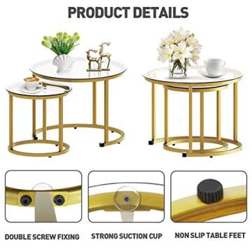 aboxoo Gold Nesting Coffee Table Set of 2, Small Glass Round Nesting Tables for Living Room Bedroom, Accent Tea Table with Metal Frame Modern Industrial Simple