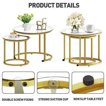aboxoo Gold Nesting Coffee Table Set of 2, Small Glass Round Nesting Tables for Living Room Bedroom, Accent Tea Table with Metal Frame Modern Industrial Simple