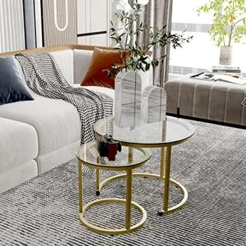 aboxoo Gold Nesting Coffee Table Set of 2, Small Glass Round Nesting Tables for Living Room Bedroom, Accent Tea Table with Metal Frame Modern Industrial Simple