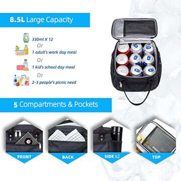 TOMULE Insulated Lunch Bag for Men Women - 3+years old (8.5L, Black)