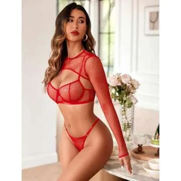 Avidlove Women Rave Outfit Fishnet Long Sleeve Crop Top See Through Bra and Panty Sets Red L
